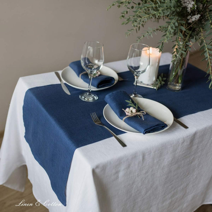 Linen & Cotton Tischläufer Stoff Tischband Tischdeko Hygge 100% Leinen, Dunkelblau Blau (40 x 90 cm)