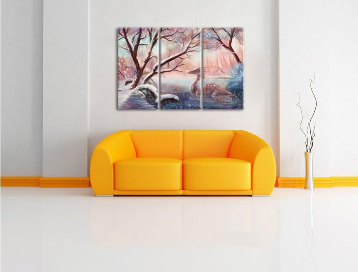 Pixxprint Drache im Wald als Leinwandbild/Grösse: 3 Teilig (120x80 cm) cm/Wandbild/Kunstdruck/fertig