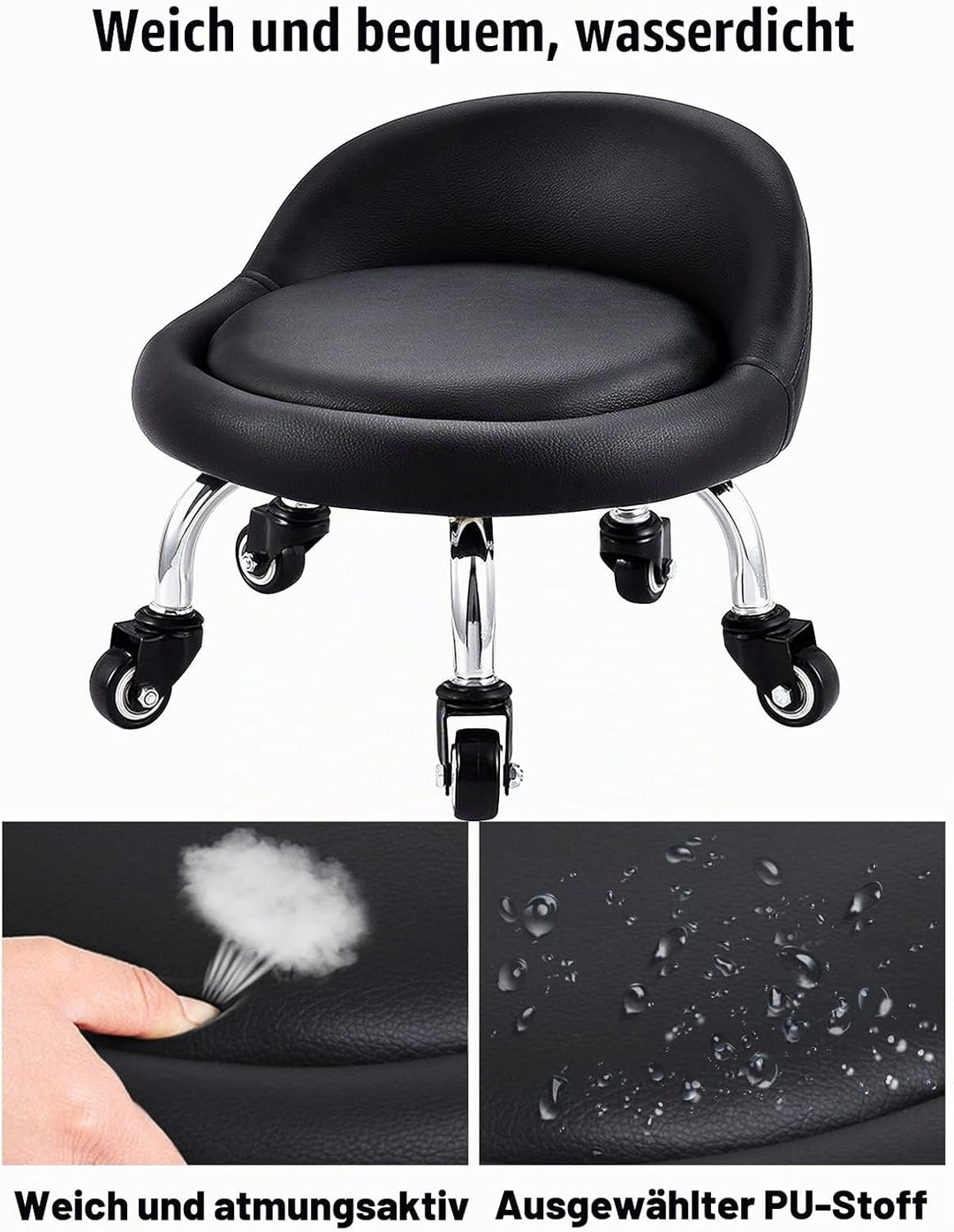 EBANKU Kleine Niedrig Rollhocker, Rollhocker Drehhocker Arbeitshocker, Rückenlehne 360° Rollhocker N