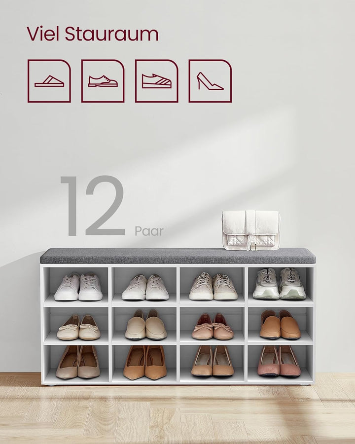 VASAGLE Schuhbank, Schuhregal mit Sitzfläche, Sitzbank mit Stauraum, Kissen, 12 Fächer, verstellbare