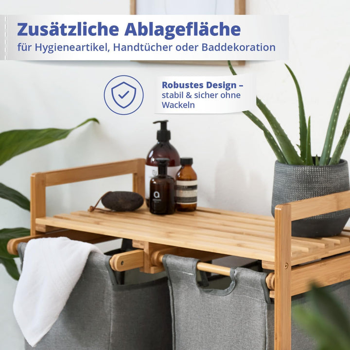 Lumaland Wäschekorb Bambus mit 2 ausziehbaren Wäschesäcken | Pflegeleichtes Material, unempfindlich