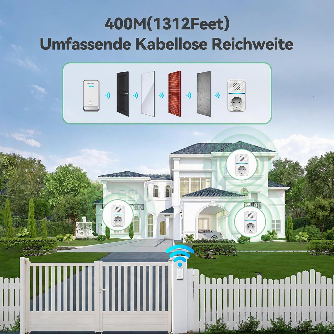 TECKNET IP65 Funkklingel Batterielosel IP65 400M mit 3 EU-Steckdosen 6 USB | 60 Melodien, 5 Lautstär