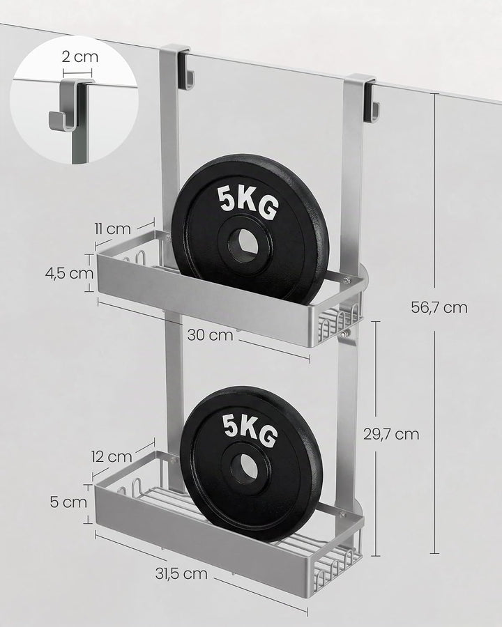 SONGMICS Duschablage ohne Bohren, 2 Ebenen Duschregal zum Hängen, Silber | Badezimmer Organizer mit