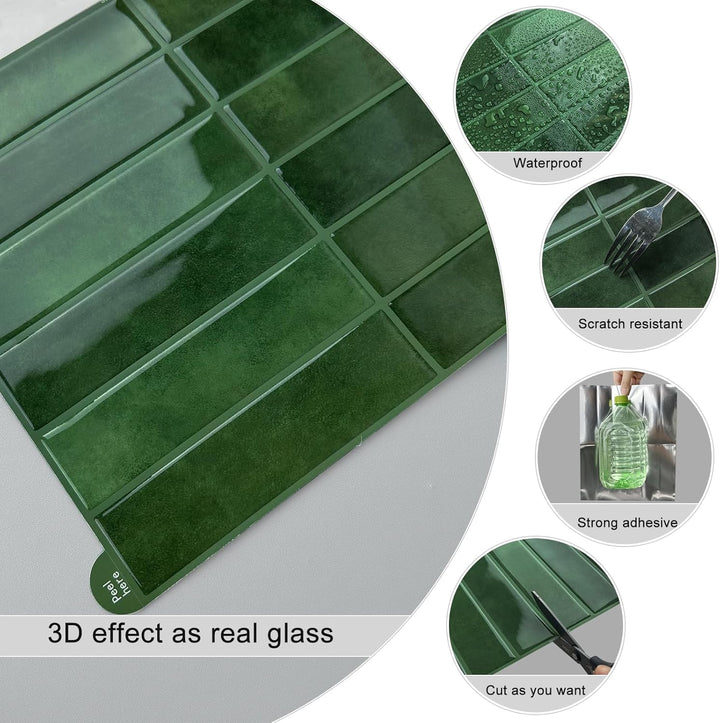 WoStick Grüne Klebefliesen Küche, 3D Peel and Stick Tiles für die Küche, leicht zu Reinigen, Selbstk