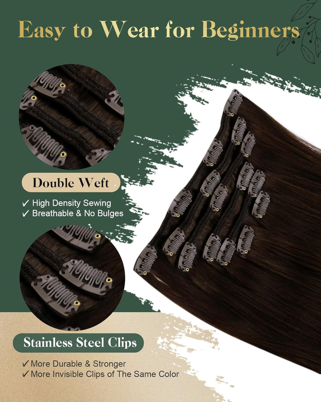Ugeat Echthaar Extensions Clip Braun 35cm Extensions Echthaar Clip in Echthaar 120 Gramm Clip in Ext