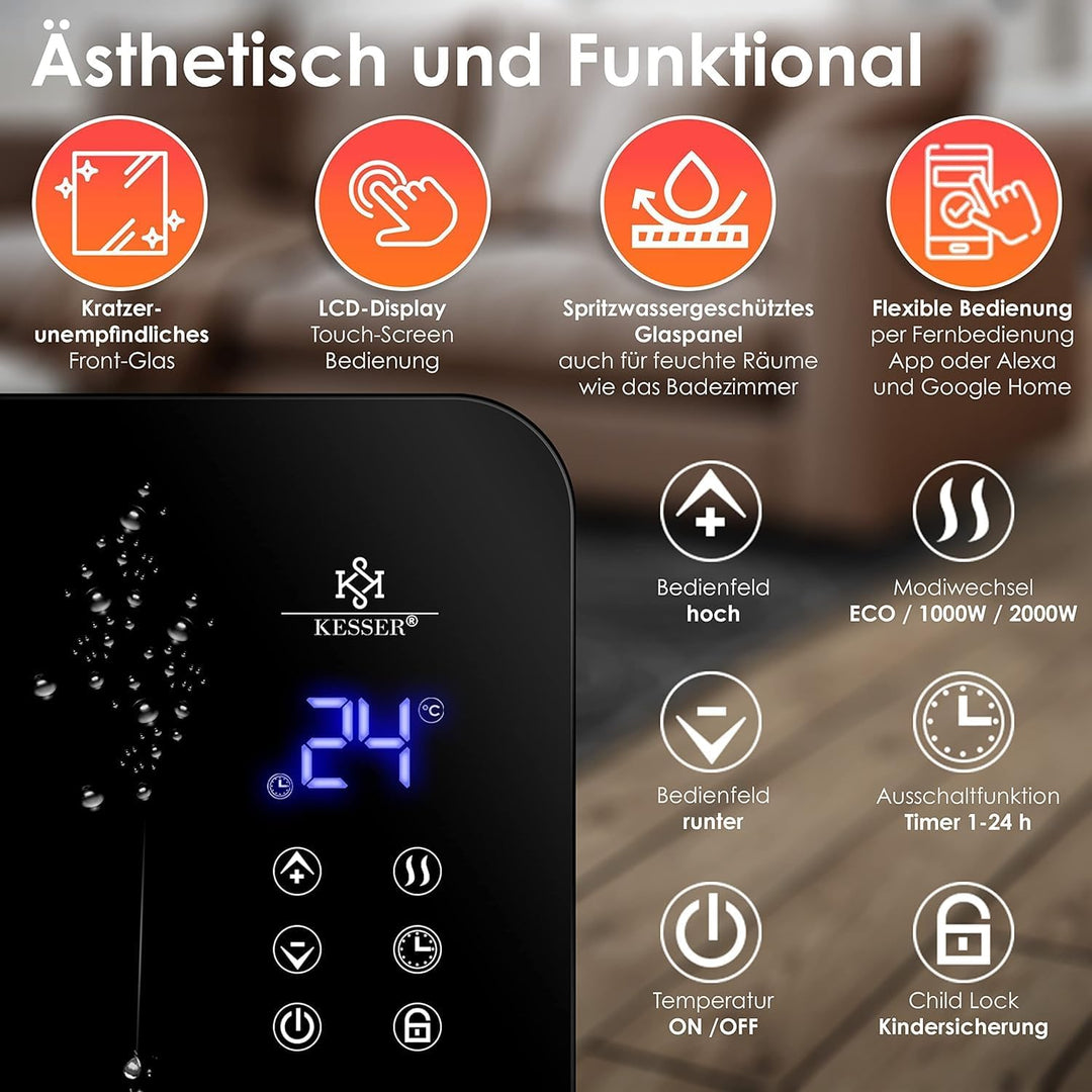 Kesser® Elektro Glasheizung Konvektor Elektroheizung Heizung Heizkörper (Schwarz), Schwarz