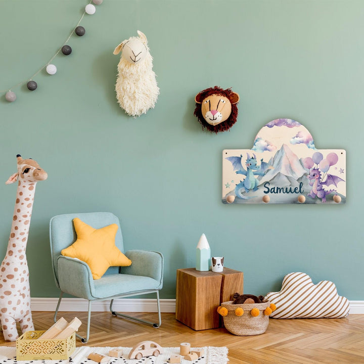 GRAVURZEILE Personalisierte Kindergarderobe - Drache - Personalisiert mit Name - Garderobe aus Holz
