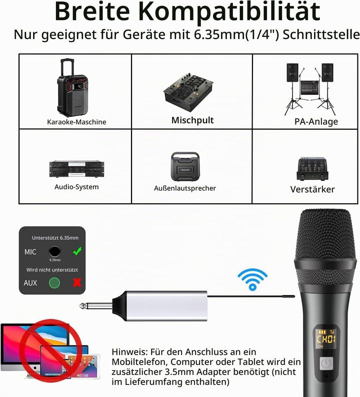 DigitConvert Kabelloses Mikrofon, UHF, Dual Metal Dynamic System, mit wiederaufladbarem Empfänger, 2