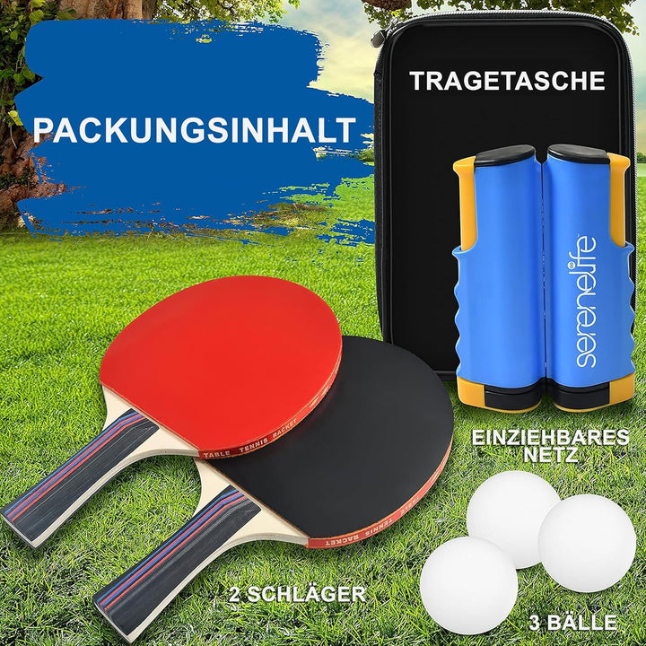 SereneLife Tischtennis Set mit 2 Schlägern 3 Bällen und Tragetasche – Einziehbares Netz Verstellbar