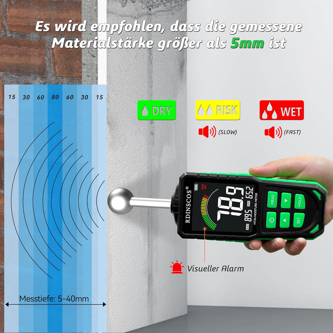 RDINSCOS Kugelform Feuchtigkeitsmessgerät Wand & Holz, Farb-LCD & Akustischer Alarm, Feuchtigkeitsme
