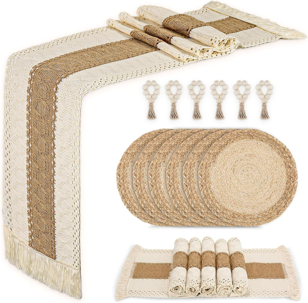 6 Stück Tischsets mit Ladeteller, Tischsets und Serviettenringe, hergestellt aus natürlichem Baumwol