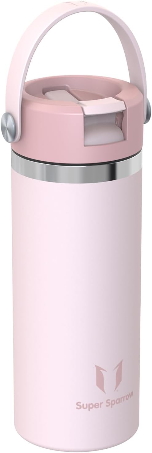 Sparrow Kinder Trinkflasche Edelstahl 500ml Thermosflasche mit Strohhalm 500 ml Rosa, 500 ml Rosa