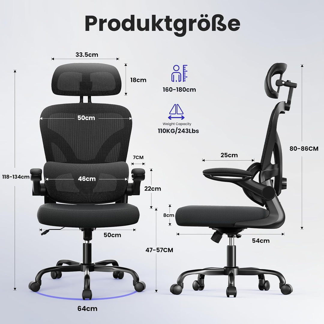 naspaluro Ergonomischer Bürostuhl mit Dynamischer Lordosenstütze, Schreibtischstuhl mit 3D-Kopfstütz