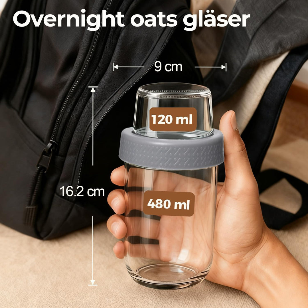 ComSaf Joghurtbecher to Go 2er Set, 480 ml Overnight Oats Gläser aus Glas mit 120 ml Topping-Fach, M
