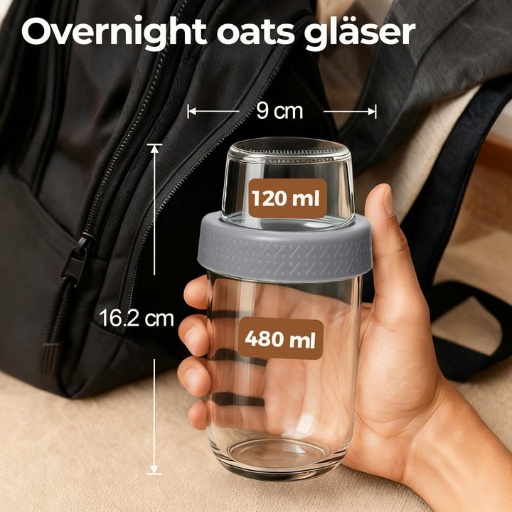 ComSaf Joghurtbecher to Go 2er Set, 480 ml Overnight Oats Gläser aus Glas mit 120 ml Topping-Fach, M