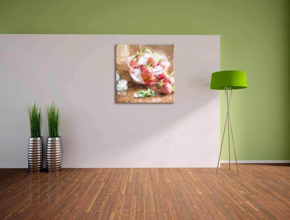 Pixxprint Frische Erdbeeren in Eiswürfeln Pinsel Effekt, Format: 70x70 auf Leinwand, 70x70