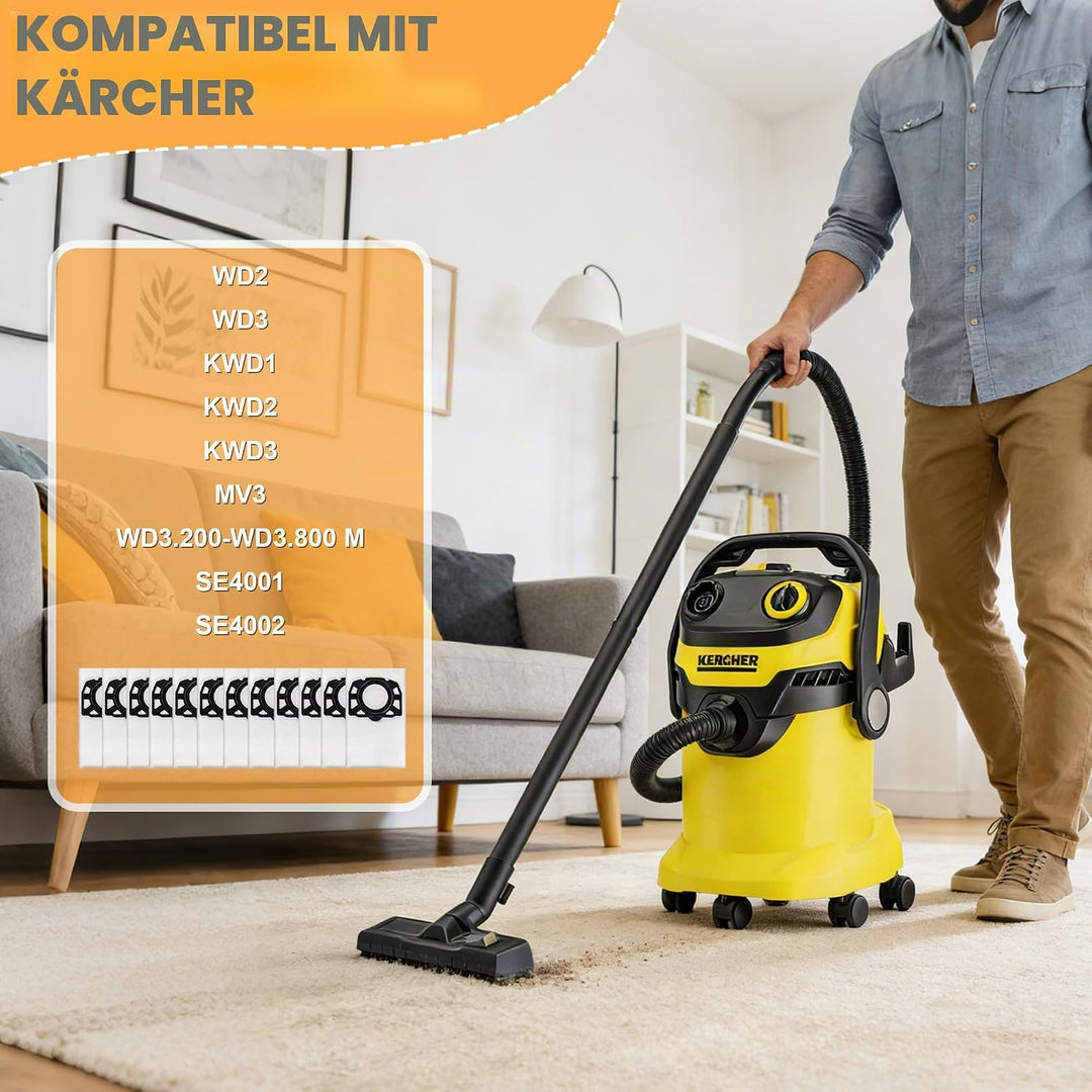 12 Staubsaugerbeutel für Kärcher WD2/WD2 Plus / WD3 / KWD1 / KWD2 / KWD3 / SE 4001 / SE 4002 / WD3.2