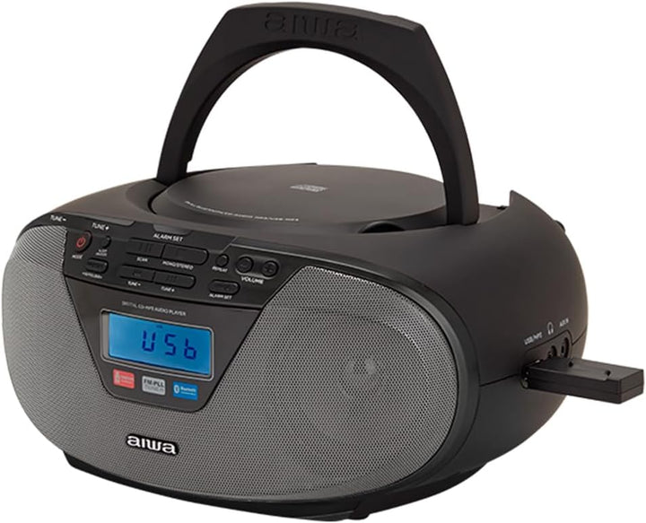 Aiwa BBTU-400BK Tragbares CD-Radio mit Bluetooth und USB, Farbdisplay, RDS, FM PLL, Weckfunktion, Fa