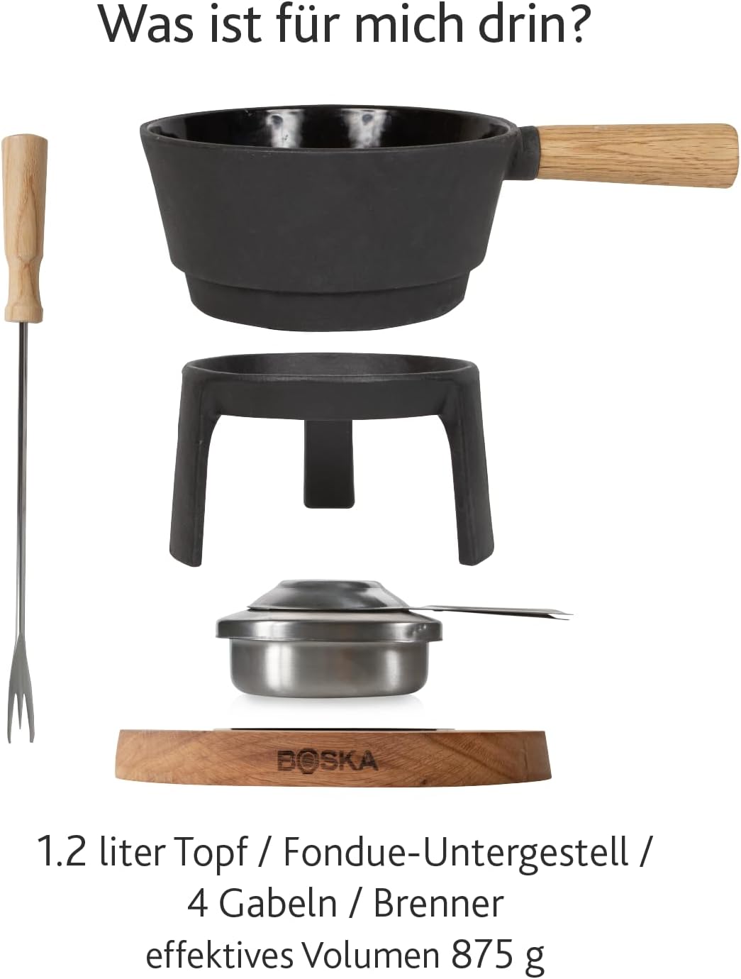 Boska Fondue-Set Pro, für 1 Liter Fonduekäse, 310x212x170 mm Schwarzes Gusseisen mit Holzsockel, Sch