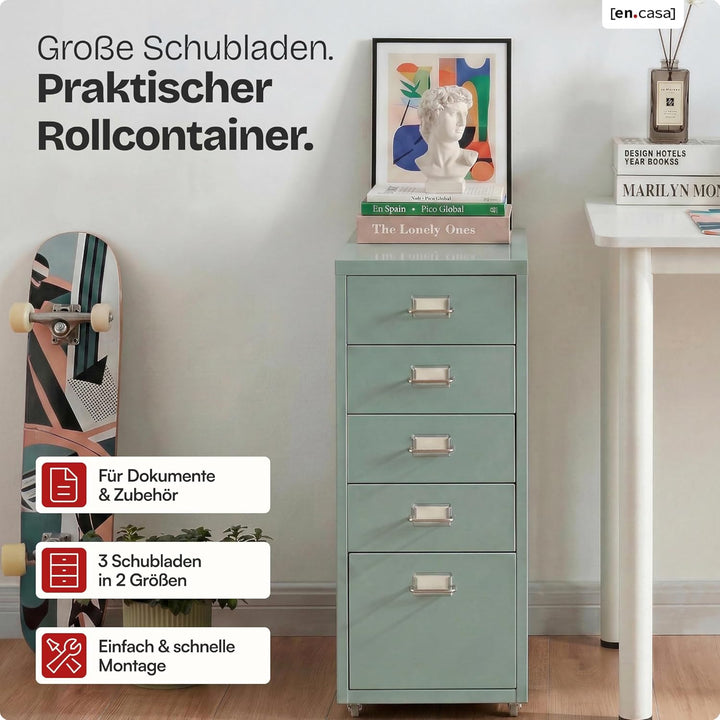 [en.casa] Rollcontainer Kökar Schubladenschrank Metall Aktenschrank mit 5 Schubladen Bürowagen mit R