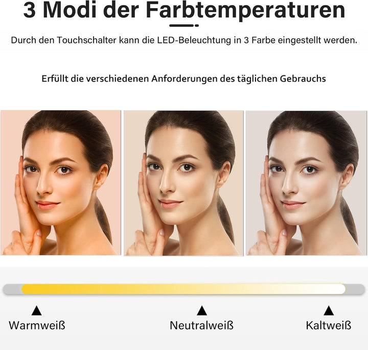 SUNXURY LED Badspiegel mit Uhr 100x60cm 3 Lichtfarbe dimmbar Wandspiegel mit 3X Vergrösserungslupe S