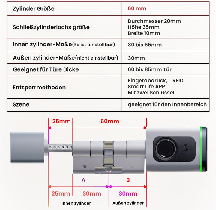 AVATTO Smart Türschloss mit Fingerabdruck, Elektronisches SchliessZylinder 70mm (35/35) mit 2 Schlüs