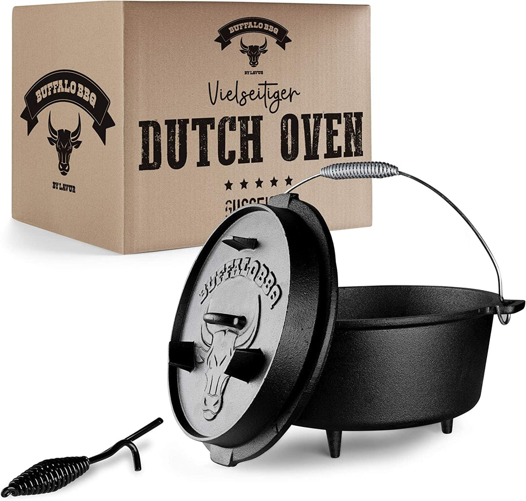 BUFFALO BBQ eingebrannter Dutch Oven - gusseiserner Feuertopf mit 7,5 L Fassungsvermögen - inkl. Dec