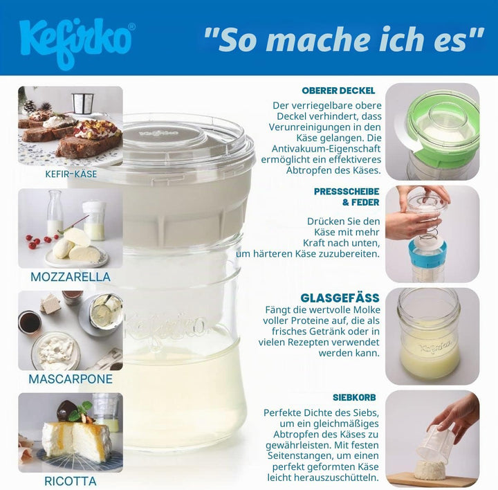 Kefirko Cheese Maker - Set für selbstgemachten Frischkäse und Joghurt - 1,4 Liter (Blau) 1,4 Liter B