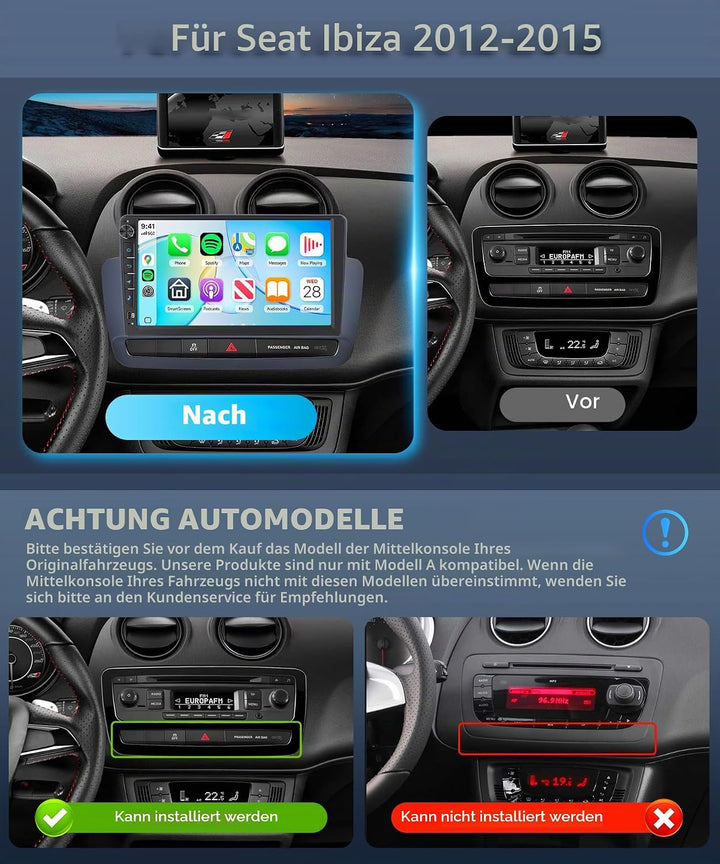 Rimoody 4G+64G Autoradio Android für Seat Ibiza 2012-2015 9 Zoll IN-Cell Radio mit Wireless Carplay