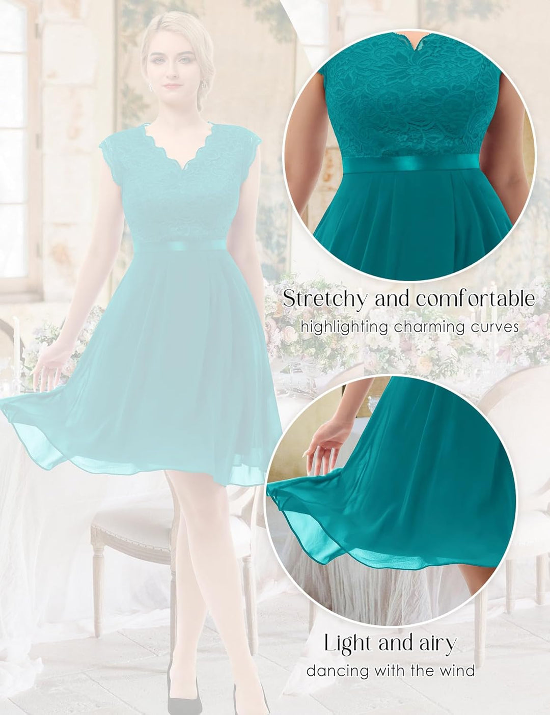 Dressystar Spitzen Cocktailkeid Elegant für Hochzeit Knielang Festlich Abendkleider Kurz XL Kurz-pfa