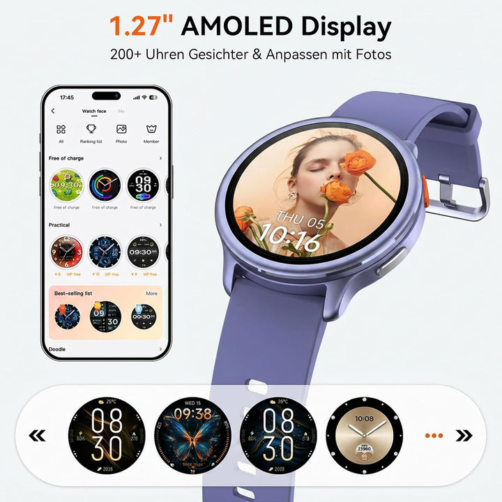 Smartwatch Damen Rund, 1.27" Smart Watch mit Telefonfunktion/Whatsapp,Uhren Damen mit Pulsuhr Schlaf