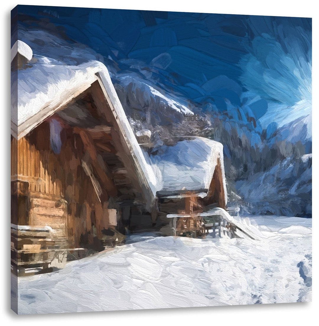 Pixxprint Verschneite Hütten in winterlicher Alpenlandschaft, Format: 70x70 auf Leinwand, 70x70