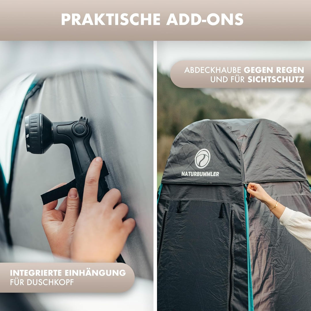NATURBUMMLER Duschzelt Pop-Up [Privacy Protec+] wasserdicht & Blickdicht mit 5 Taschen & Boden (1,9