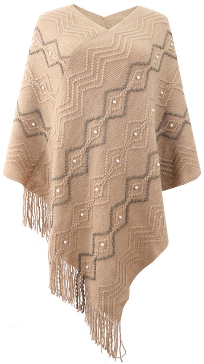 Strick Poncho mit Fransen für Damen Elegant Streifen Flanell Cape Pullover mit Mehrweg-Ausschnitt Le