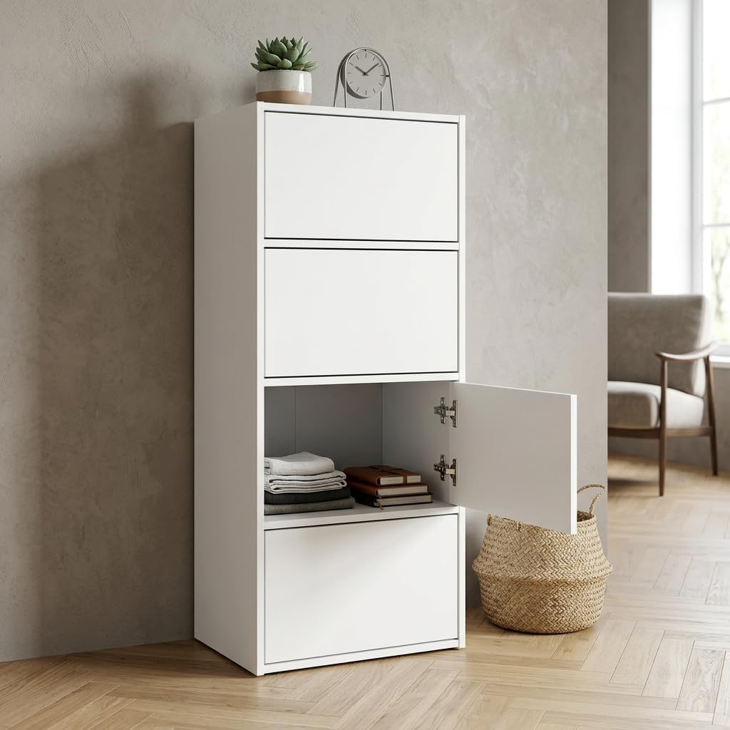 meble masztalerz Kommode mit 4 Türen Weiss 50x39x120 cm - Schuhschrank Hoch - Wohnzimmer Schrank - F