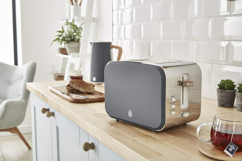 Swan Nordic Toaster Breitschlitz, 2 Scheiben, 3 Funktionen, 6 Bräunungsstufen, modernes Design, Edel