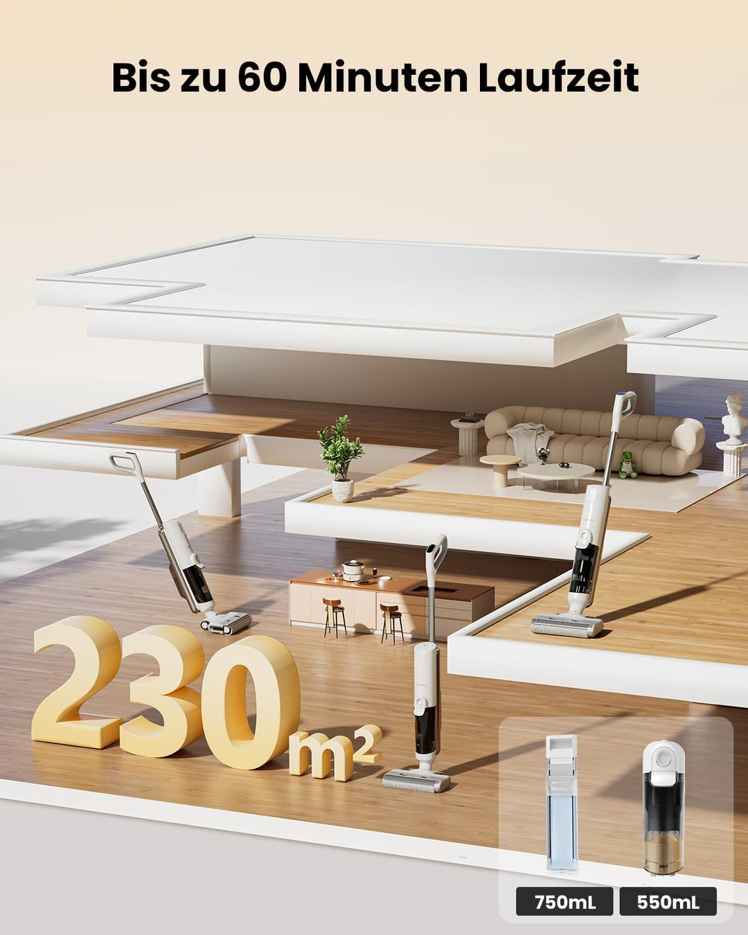 Proscenic F10 Ultra Nass Trockensauger Akku, 60 Min Staubsauger mit Wischfunktion, Selbstreinigungsf