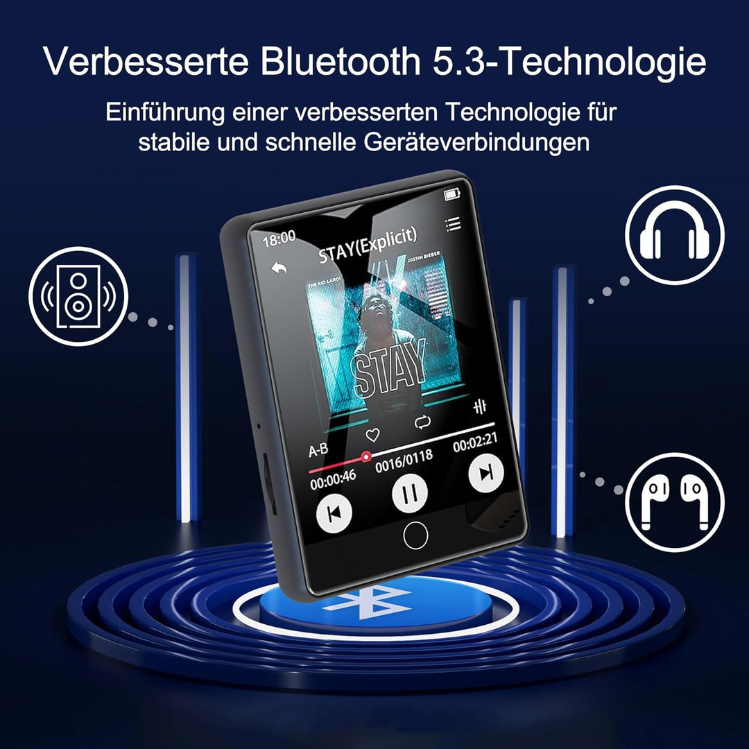 64GB MP3-Player Bluetooth 5.1, 2,8-Zoll-Touchscreen-Musikplayer, Tragbarer MP3 Player mit HD-Lautspr
