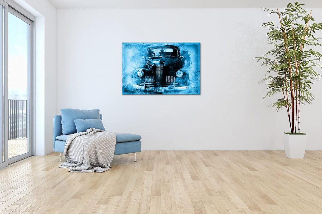 deyoli gezeichneter alter Oldtimer Format 80x60 Effekt: Monocrome Blau als Leinwandbild, Motiv ferti