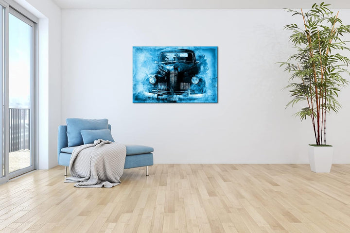 deyoli gezeichneter alter Oldtimer Format 80x60 Effekt: Monocrome Blau als Leinwandbild, Motiv ferti