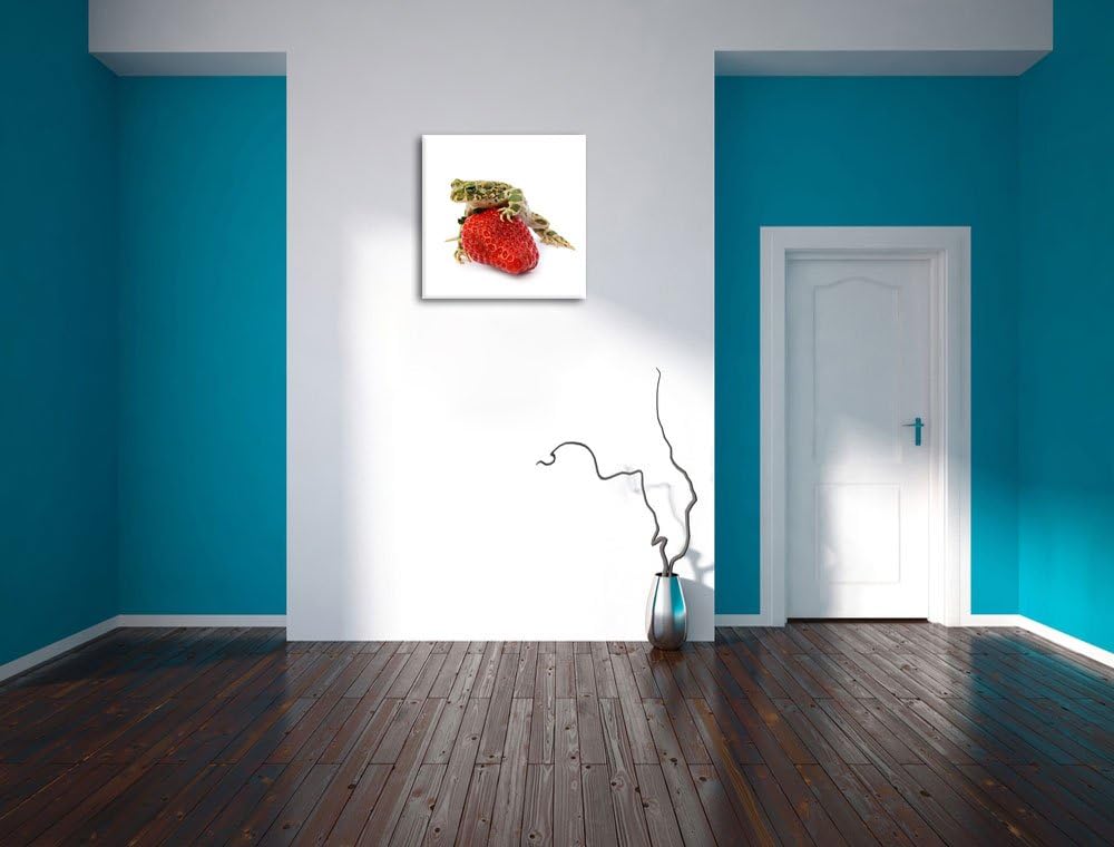 Pixxprint Kleiner Frosch sitzt auf Erdbeere als Leinwandbild/Grösse: 70x70 cm/Wandbild/Kunstdruck/fe