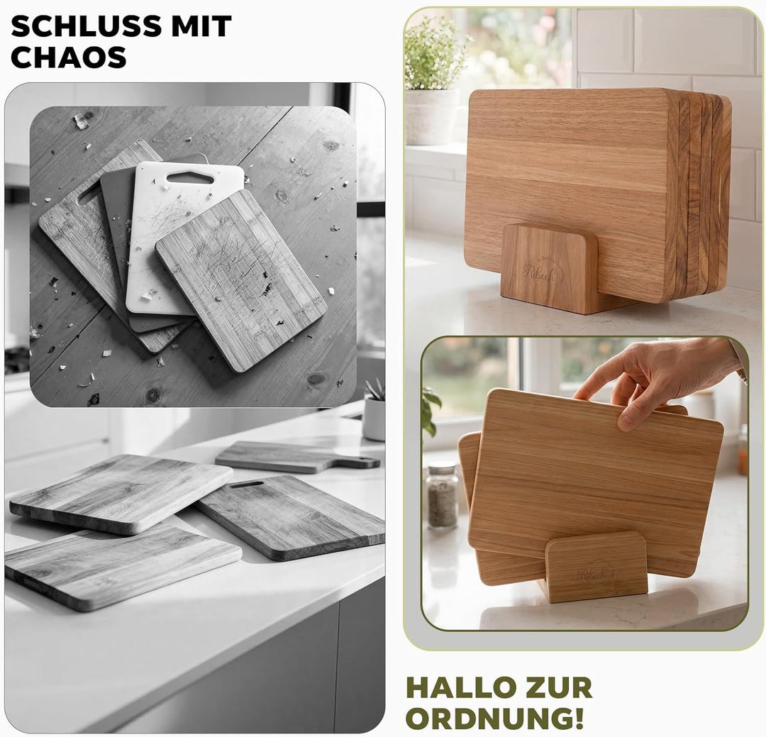 Frühstücksbrett Set 6-teilig aus Akazienholz inklusive Aufbewahrungsständer | Kleine Holzschneidebre