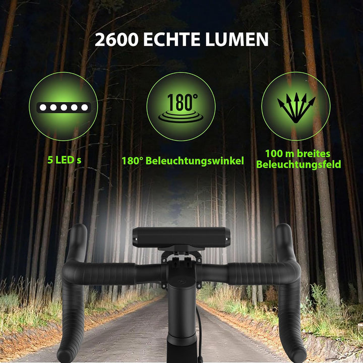 UPPEL Fahrradlicht Vorne 2600 Lumens USB C Ladeanschluss 5 LEDs 8000mah 4-Lichtmodi Einfache Install