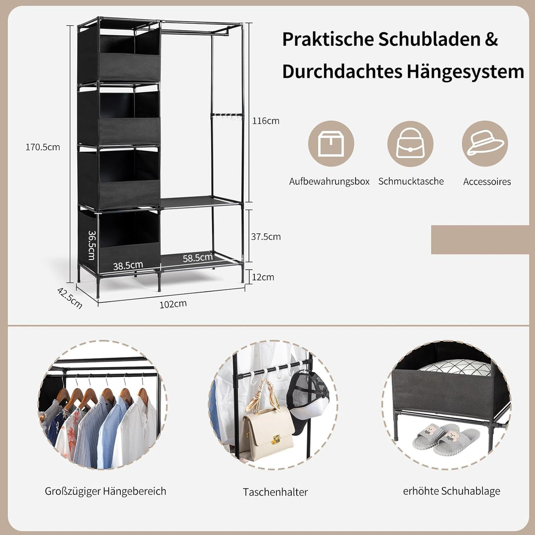 LEADZM Kleiderschrank offen, Kleiderständer freistehende Garderobe mit Kleiderstangen, Stoffablagen,