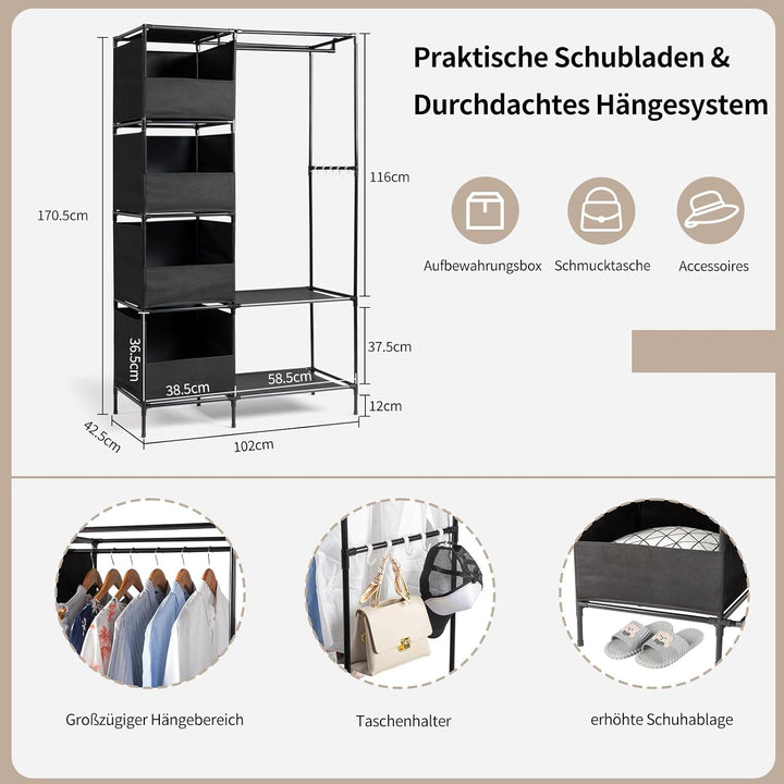 LEADZM Kleiderschrank offen, Kleiderständer freistehende Garderobe mit Kleiderstangen, Stoffablagen,