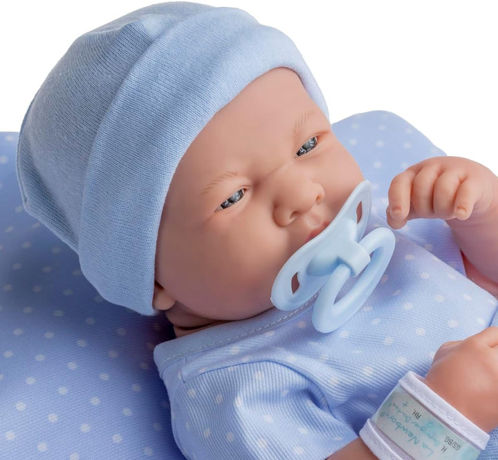 JC TOYS 102-18540 – Kinderpuppe, Körper aus Gummi, Blaue Kleidung mit Punkten, 36 cm