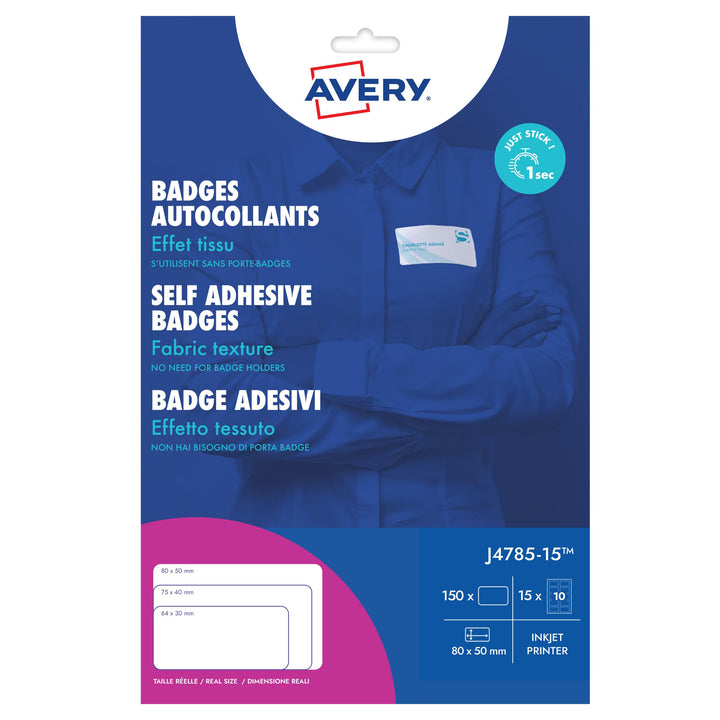 Avery – 150 Namensschilder bedruckbar für Textilien, aus weissem Polyester, Format 80 x 50 mm, Tinte