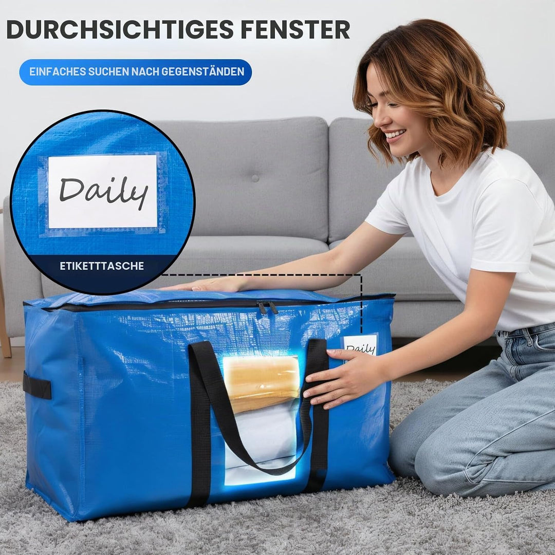 TAILI Extra grosse Umzugstaschen, blaue robuste Tragetaschen zur Aufbewahrung mit sichtbarem Fenster