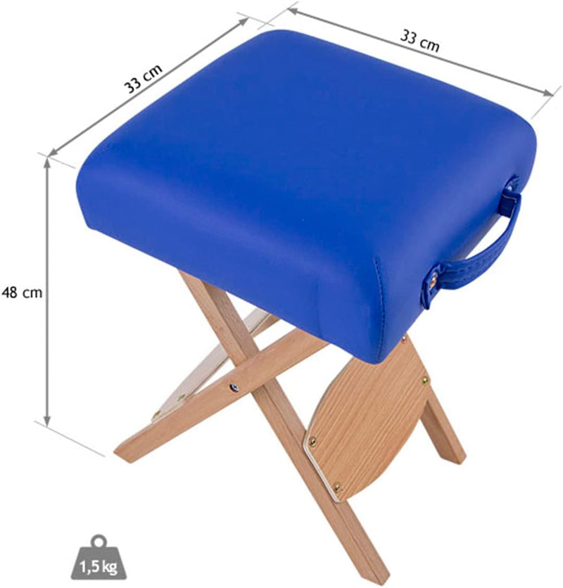 QUIRUMED Klapphocker aus Holz mit Sitz, blau gepolstert, vielseitig einsetzbar, Beistelltisch, Fusss