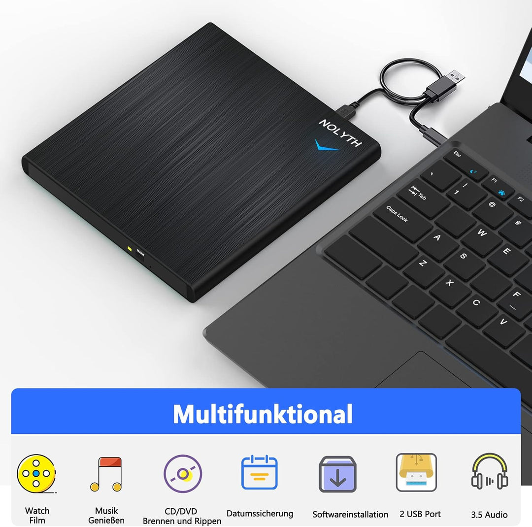 NOLYTH Externes CD Laufwerk für Laptop: DVD Laufwerk Extern mit 1 Audio 2 USB Slots - Tragbar Brenne